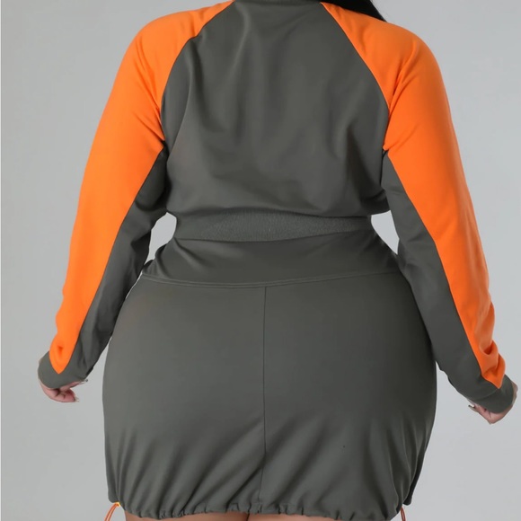 Olive green orange long sleeve mini dress zip up drawstring - Picture 5 of 9